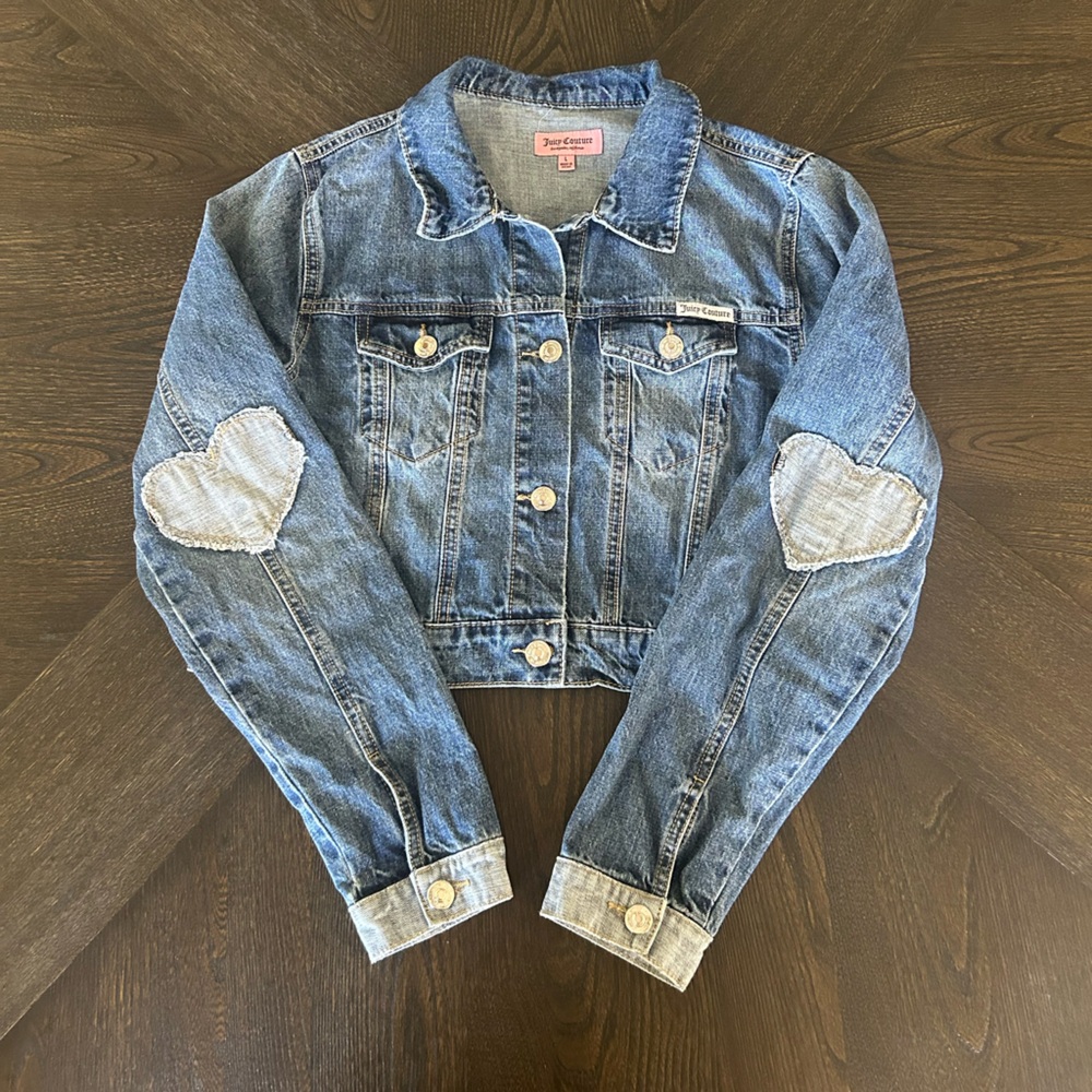 Y2K Juicy Couture cropped denim jacket with heart elbow embroidery